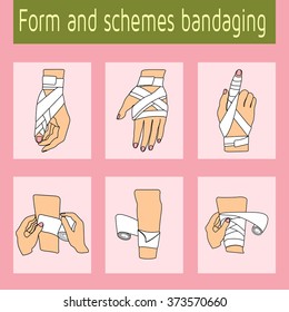 Illustration first aid hands doing dressing bandage. Ideal for medical, informative catalogs and institutional material, Vector illustration