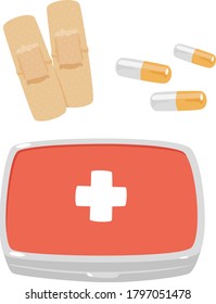 Illustration of a first aid kit containing bandages and medicines.