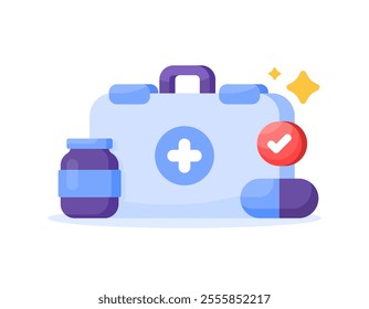 illustration of a first aid kit with medicine bottles and pills or capsules. medical supplies. medicine and safety. pharmacy. symbols and icons. flat style design. elements