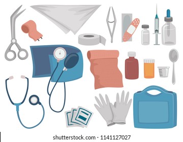 Illustration of First Aid Kit or Rescue Kit Elements from Stethoscope, Gloves, Bandage, Medicines