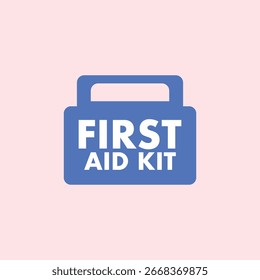 Illustration of a first aid kit with the words First Aid Kit written in blue on a pink background, a symbol of health, first aid, and emergency safety.