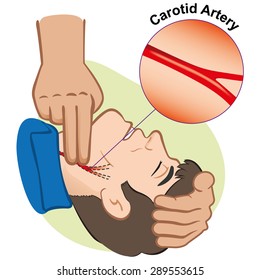 Illustration First Aid person measuring pulse through the carotid artery. Ideal for catalogs, informative and medical guides