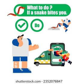 Illustration of the first aid for snakebite, what to do, if a snake bites you concept. 