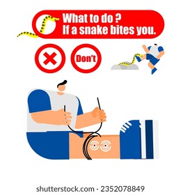 Illustration of the first aid for snakebite, what to do, if a snake bites you concept. 