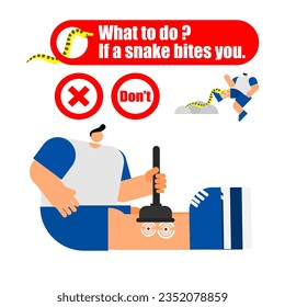 Illustration of the first aid for snakebite, what to do, if a snake bites you concept. 