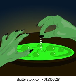 Illustration from the first person. Witch brews a potion. Halloween the background. 