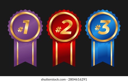 Illustration of first, second, and third place ribbon badges with decorative rosettes and hanging tails.