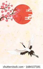 Illustration of the first sunrise with a plum tree and a crane on a watercolor style background of Japanese paper