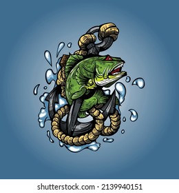 Illustration with fish and anchor. Hand-drawn style image for printing on T-shirts.