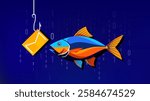 illustration of fish with bait message on blue background and binary code, this design is based on Phishing concept, cyber crime