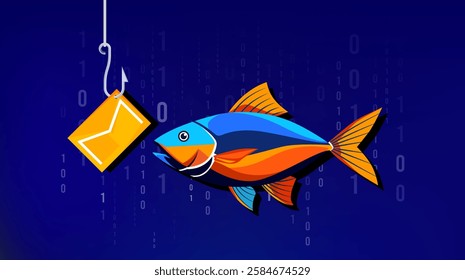 illustration of fish with bait message on blue background and binary code, this design is based on Phishing concept, cyber crime