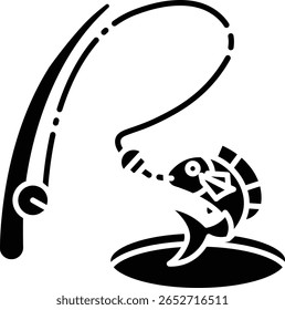 illustration of a fish being caught on a fishing rod. Simple and minimal design vector icon glyph style.