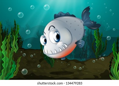 Illustration of a fish with big fangs under the sea