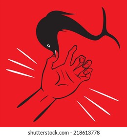 illustration of the fish is bite a finger done in cartoon style