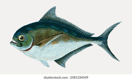 Illustration of a fish with blue and green scales, sharp fins, and a prominent eye. Fish illustration shows detailed scales and fins. Artistic fish depiction. Vintage fish illustration vector.