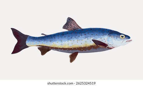 Illustration of a fish with blue and yellow scales. The fish features detailed fins and a realistic texture. The fish is depicted in a side view. Vintage fish illustration, animal vector.