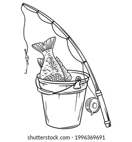 Illustration Of A Fish In A Bucket With A Fishing Rod. Fishing. Fish Tail. Summer Hobby On The Water.