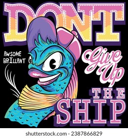 Illustration of fish with cap with bright colors, design in cartoon background texts and armed in label style, tattoo line