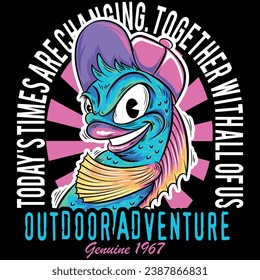 Illustration of fish with cap with bright colors, design in cartoon background texts and armed in label style, tattoo line