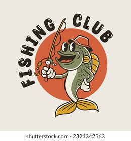 illustration of a fish cartoon character holding a fishing rod in vintage style