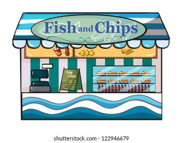 Illustration of a fish and chips shop on a white background