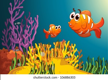 illustration of fish and coral in a deep water