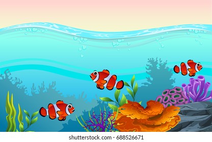 illustration of fish and coral of the sea. clown fish and coral in the sea. Underwater and  the ocean with different animals. For your project like print, graphic design, card or poster.