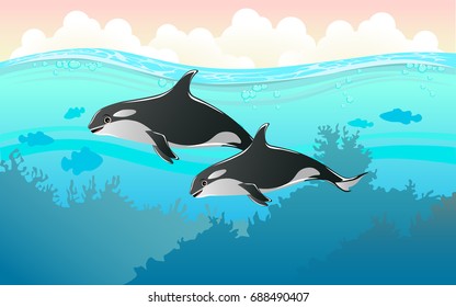 illustration of fish and coral of the sea. colorful fish and coral in the sea. Underwater and  the ocean with different animals. For your project like print, graphic design, card or poster.