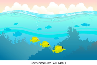 illustration of fish and coral of the sea. colorful fish and coral in the sea. Underwater and  the ocean with different animals. For your project like print, graphic design, card or poster.