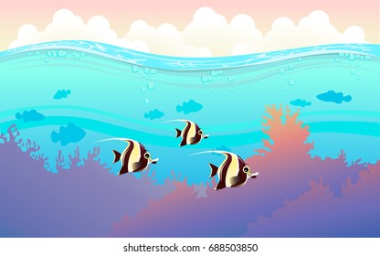 illustration of fish and coral of the sea. colorful fish in the sea. Underwater and  the ocean with different animals. For your project like print, graphic design, card or poster.