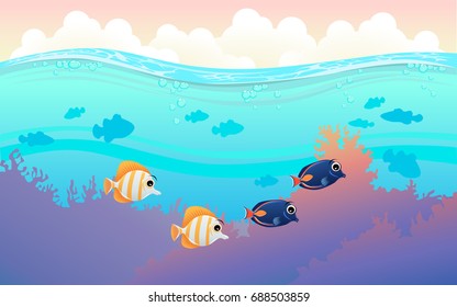 illustration of fish and coral of the sea. colorful fish in the sea. Underwater and  the ocean with different animals. For your project like print, graphic design, card or poster.