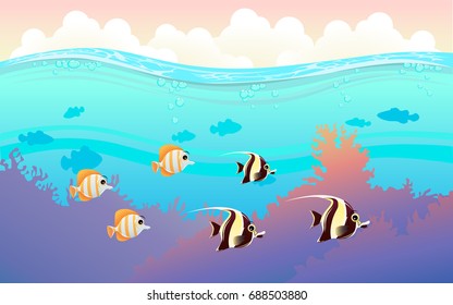 illustration of fish and coral of the sea. colorful fish in the sea. Underwater and  the ocean with different animals. For your project like print, graphic design, card or poster.