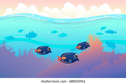 illustration of fish and coral of the sea. colorful fish in the sea. Underwater and  the ocean with different animals. For your project like print, graphic design, card or poster.