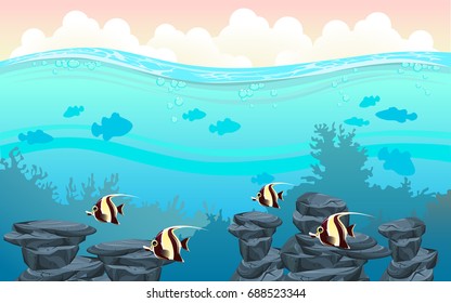 illustration of fish and coral of the sea. colorful fish and coral. Underwater and  the ocean with different animals. For your project like print, graphic design, card or poster.