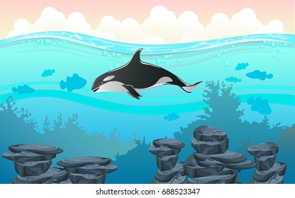 illustration of fish and coral of the sea. colorful fish and coral. Underwater and  the ocean with different animals. For your project like print, graphic design, card or poster.