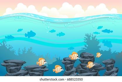 illustration of fish and coral of the sea. colorful fish and coral. Underwater and  the ocean with different animals. For your project like print, graphic design, card or poster.