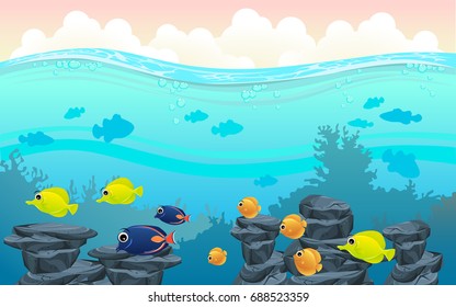 illustration of fish and coral of the sea. colorful fish and coral. Underwater and  the ocean with different animals. For your project like print, graphic design, card or poster.