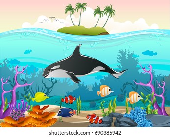 illustration of fish and coral of the sea. Ocean with many animals. For your project like wallpaper, print, graphic design, card, background or poster.