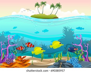 illustration of fish and coral of the sea. Ocean with many animals. For your project like wallpaper, print, graphic design, card, background or poster.