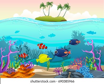 illustration of fish and coral of the sea. Ocean with many animals. For your project like wallpaper, print, graphic design, card, background or poster.