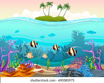 illustration of fish and coral of the sea. Ocean with many animals. For your project like wallpaper, print, graphic design, card, background or poster.