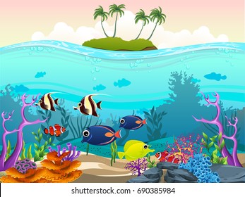 illustration of fish and coral of the sea. Ocean with many animals. For your project like wallpaper, print, graphic design, card, background or poster.