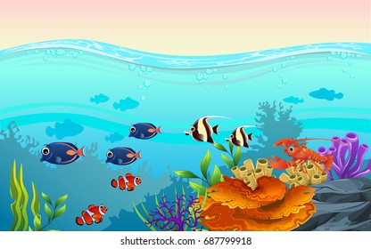 illustration of fish and coral of the sea. Underwater and  the ocean with different animals. For your project like print, graphic design, card or poster.