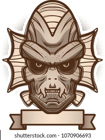 An illustration of a fish creature with banner.