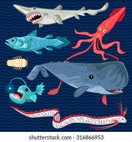 Illustration Fish Of The Deep Blue Sea Collection Set
Contains sperm whale, oarfish, coelacanth, giant isopod, goblin shark, colossal squid, anglerfish
