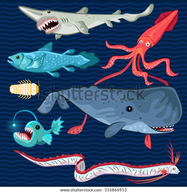 紺色の海のコレクションセットのイラトス魚 マッコウクジラ オールフィッシュ シーラカンス 巨大なイソポッド ゴブリンシャーク コロッサルイカ アングラフィッシュを含む のベクター画像素材 ロイヤリティフリー