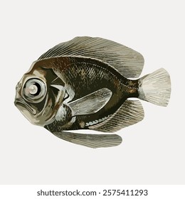 Illustration of a fish with detailed scales and fins. The fish has a round body and prominent eyes. Fish illustration showcases texture and aquatic features. Vintage art drawing, isolated vector.