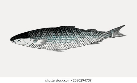 Illustration of a fish with detailed scales and fins. The fish is elongated with a pointed head. Fish illustration showcases intricate scale patterns. Vintage fish illustration isolated, vector