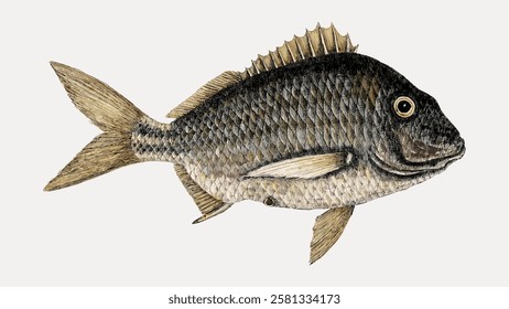 Illustration of a fish with detailed scales and fins. The fish is depicted in a side view, showcasing its textured scales and prominent fins in a natural pose. Vintage fish illustration vector.