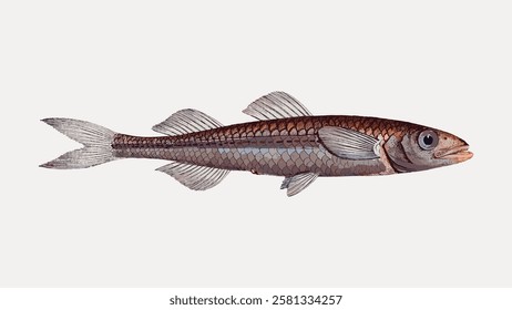 Illustration of a fish with detailed scales and fins. The fish is elongated with a pointed snout. The fish's scales are intricately drawn, showcasing texture. Vintage fish illustration vector.